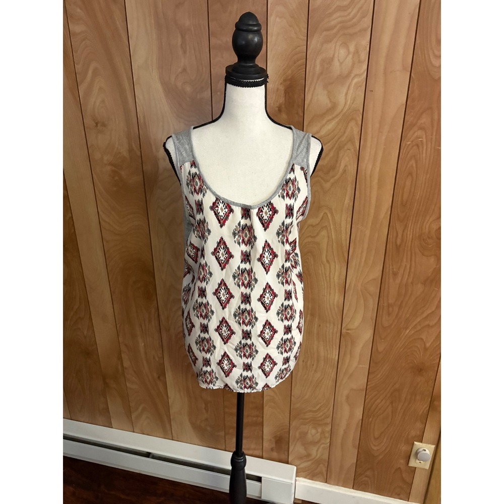 Pomelo Women Geometric Diamond Print Mixed Media Tank Top Grey Red Medium